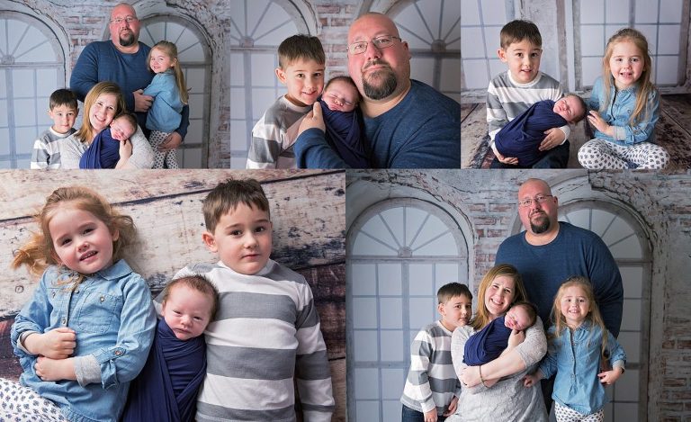 Family showing of their newborn baby boy wearing grays and blues