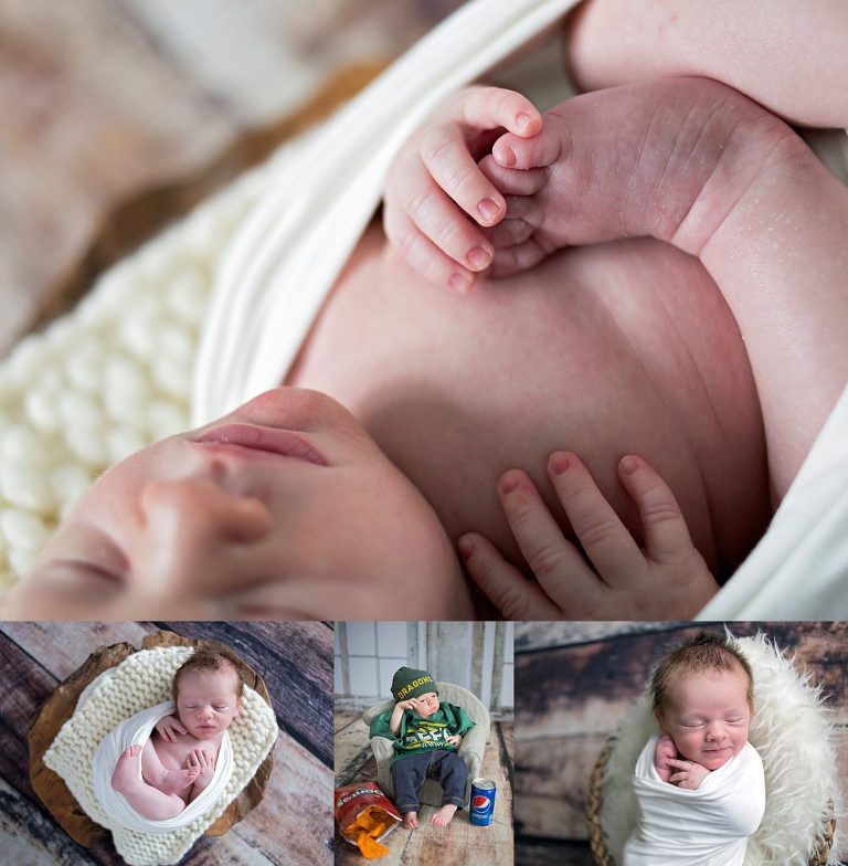 Close up Image of newborn in wooden bowl and Super Bowl image.