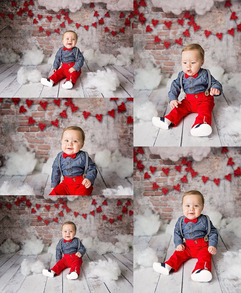 Little Man in Suspenders and bowtie with Valentine's backdrop